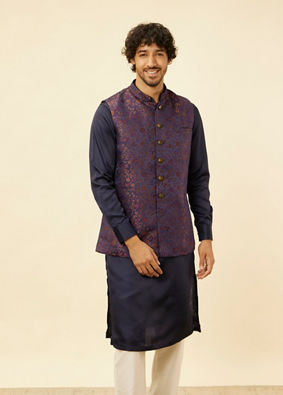 alt message - Manyavar Men Sapphire Blue Bel Buti Patterned Jacket image number 0